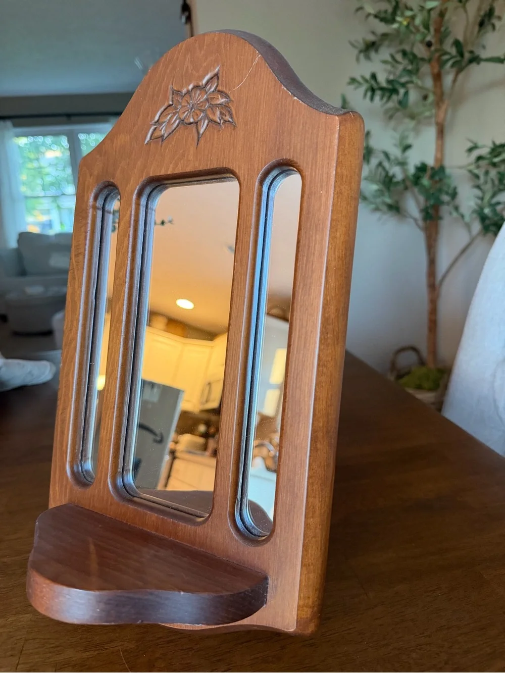 Vintage Hand-Carved Wooden Wall Mirror with Built-In Display Shelf